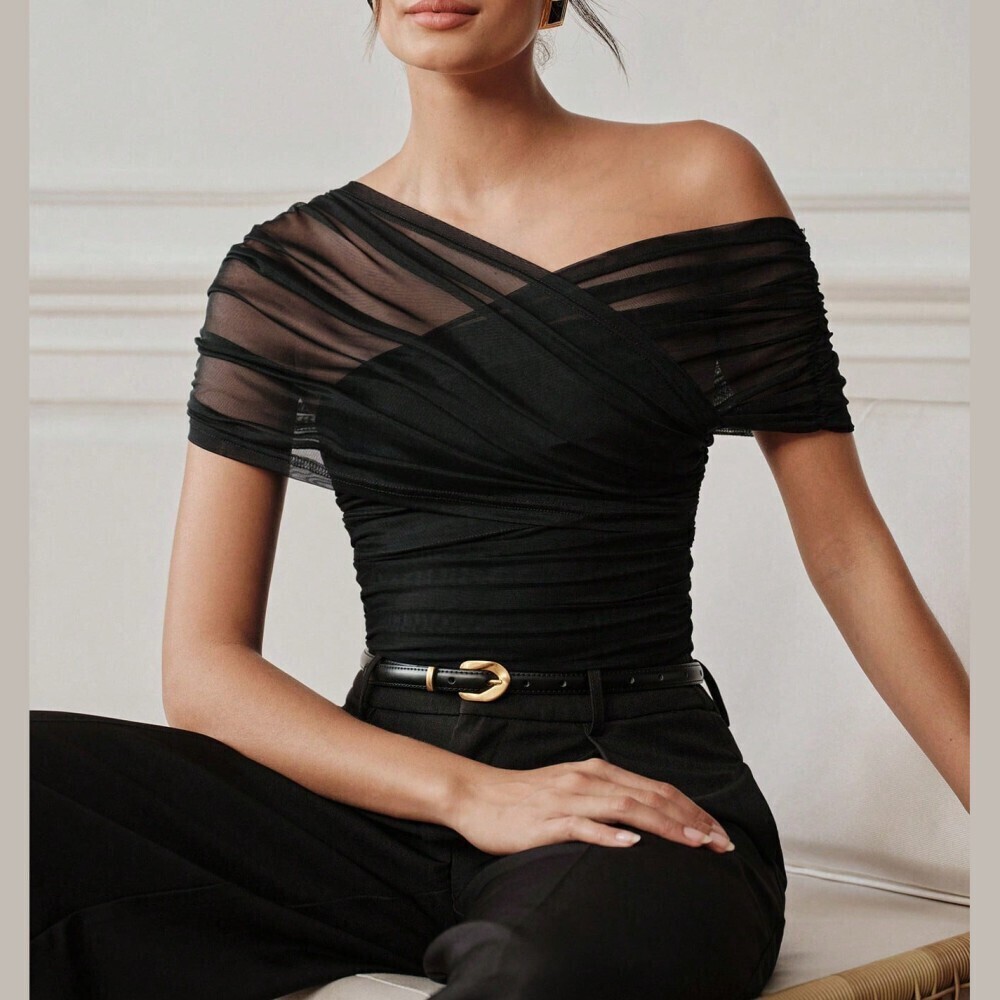 Black Sheer Mesh Ruched Asymmetrical Neck One Shoulder Bodysuit - Picture 2 of 10